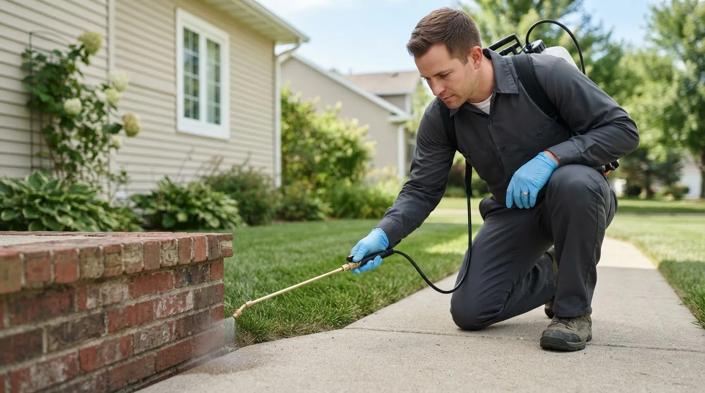 Pest control technician treating a home near Tovey, IL