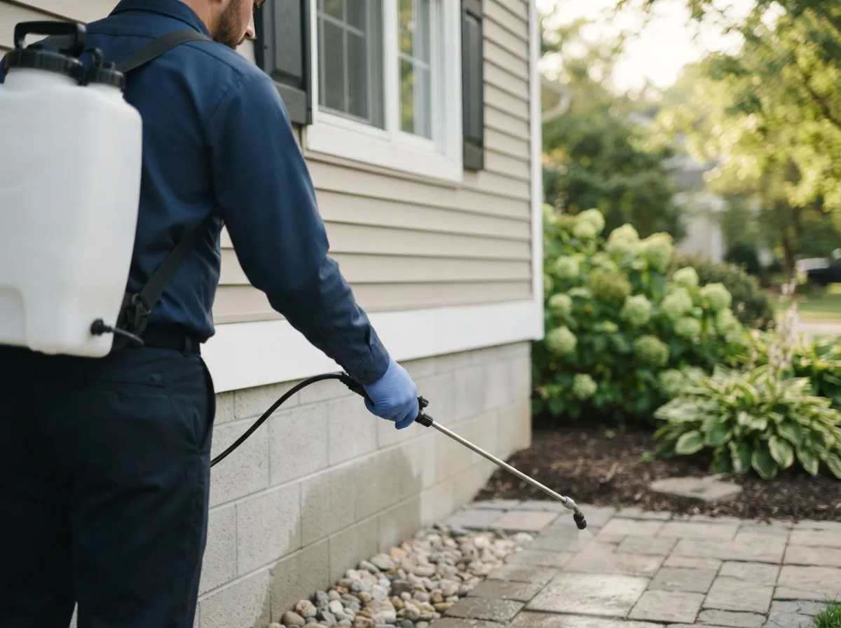 Pest control technician inspecting a home in Tovey, IL